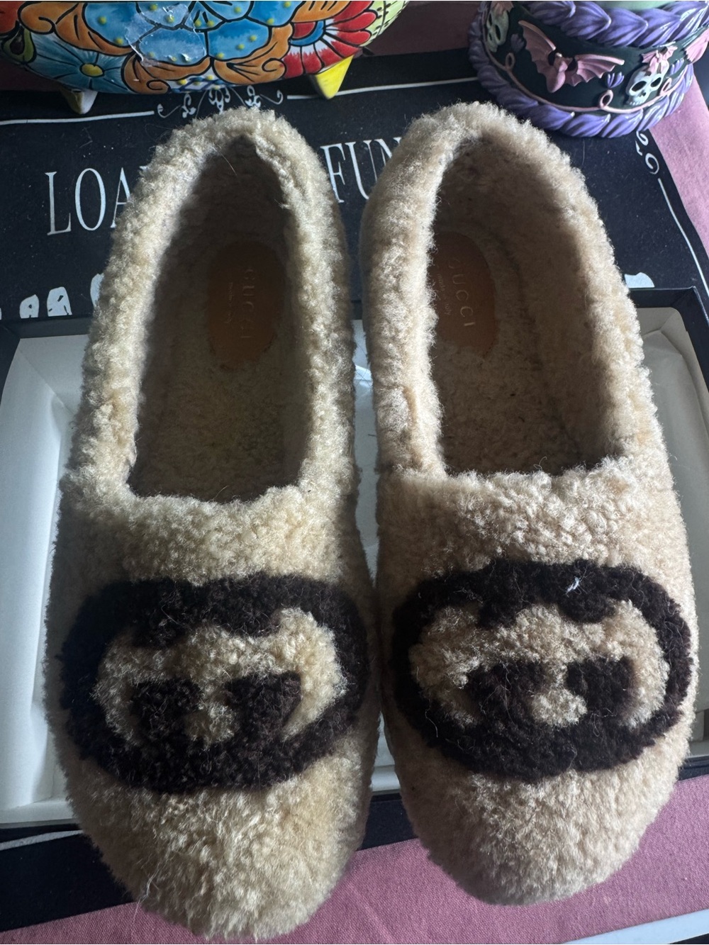 Gucci Beige Shearling Logo Slip-On Flats